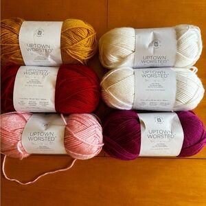Uptown Worsted colorful, bundle lot of six stains of yarn red, pink and yellow